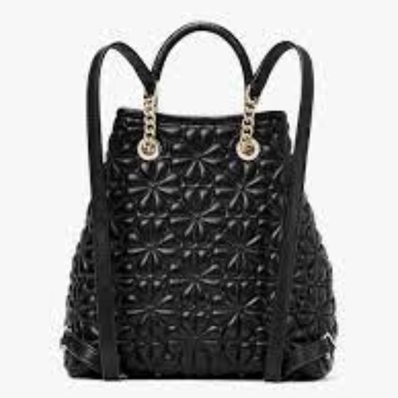 Kate Spade New York Bloom Logo Quilted Leather Backpack Black Drawstring Chain - Picture 2 of 14